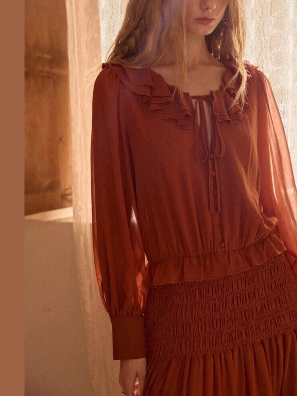 Rust Brown Ruffle Collar Smocked Maxi Dress - Picture 3 of 7